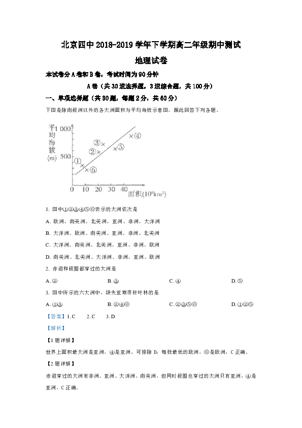 北京四中2018-2019学年高二下学期期中考试地理试卷 Word版含解析