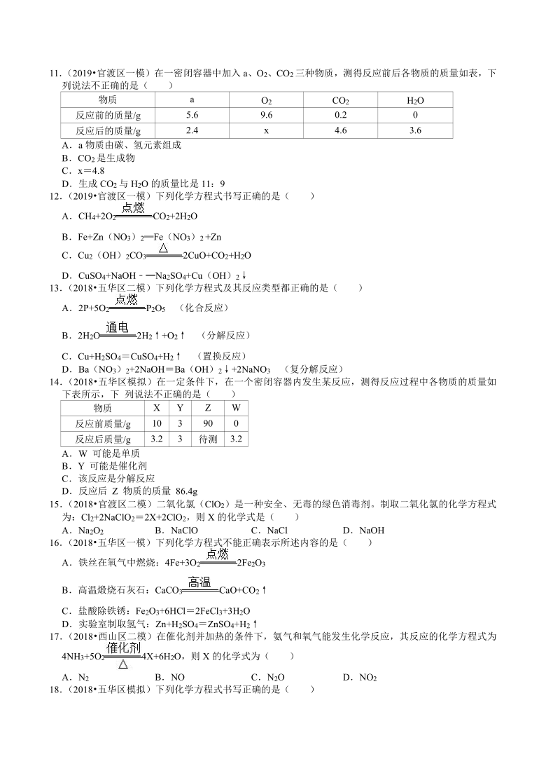 2018-2020年云南中考化学各区模拟考试（昆明专版）（4）——质量守恒定律（含解析）