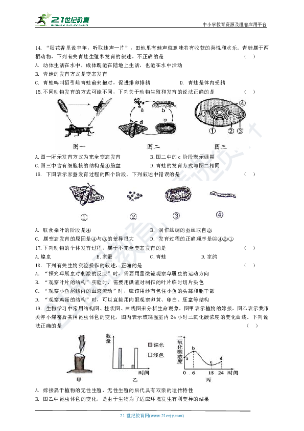 人教版初中生物中考题精选（九）生物圈中生命的延续和发展（选择题部分.含答案）