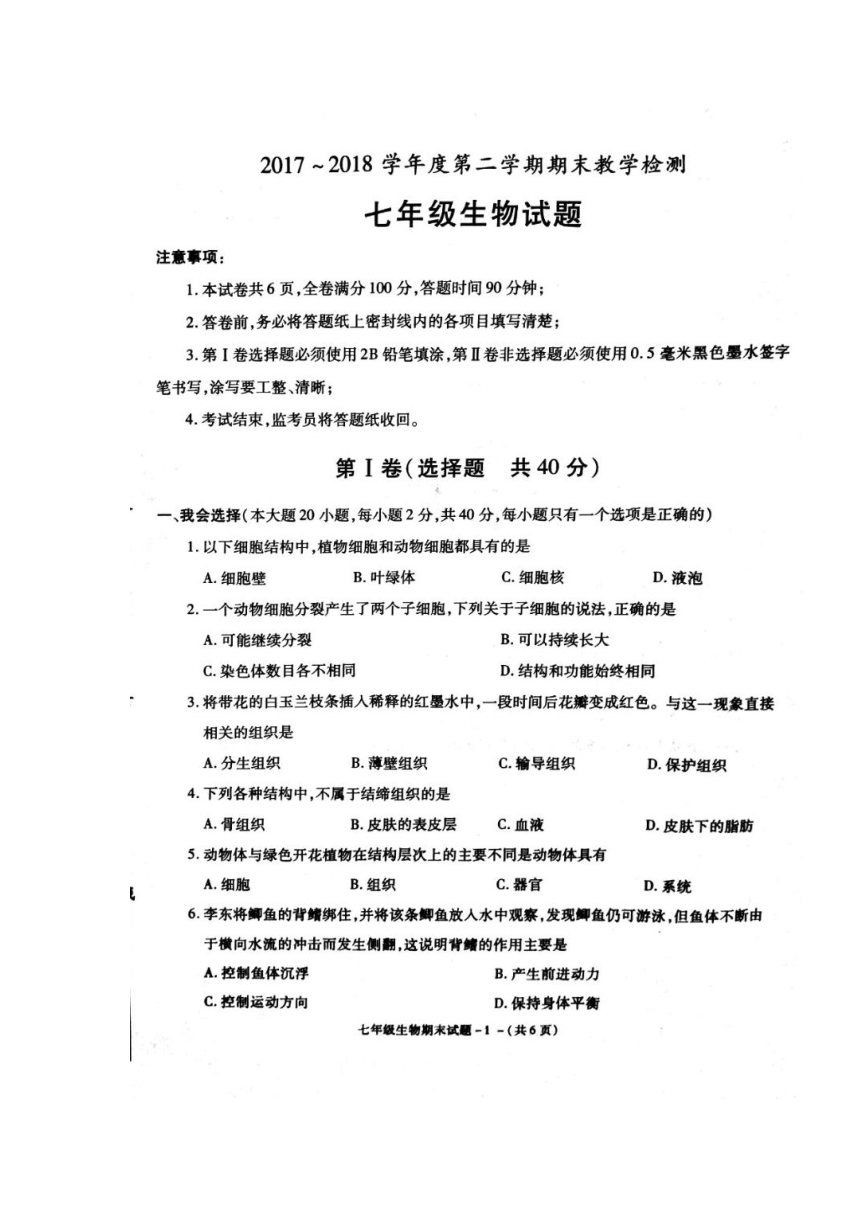 陕西省渭南市富平县2017-2018学年七年级下学期期末考试生物试题（图片版，含答案）