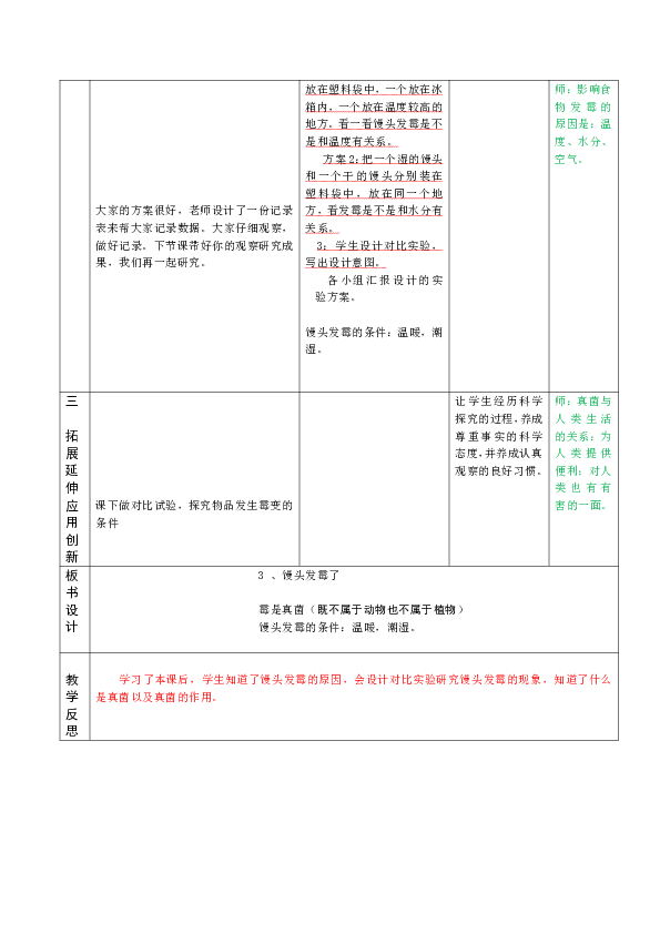 六年级上册科学 馒头发霉了  教案  青岛版(六年制)