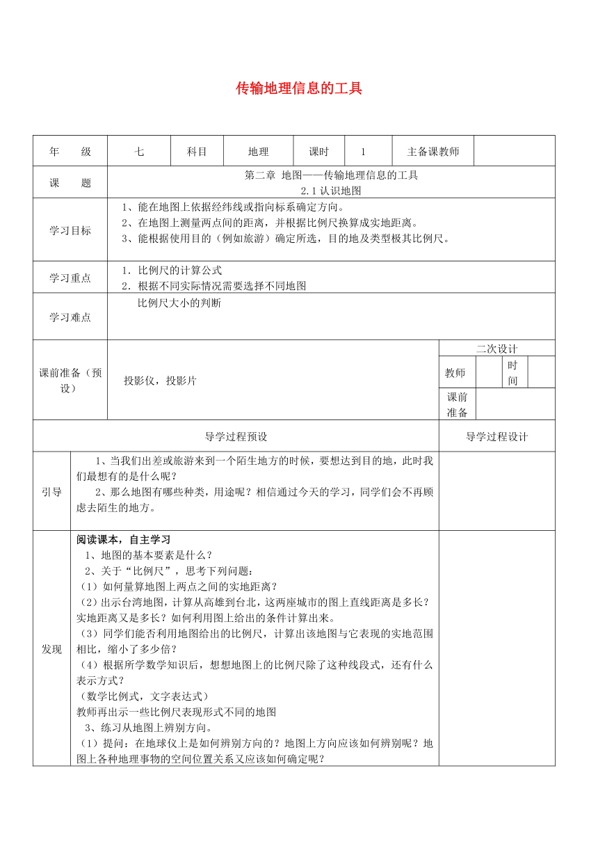 七年级地理上册 第二章 地图传输地理信息的工具 教案 晋教版