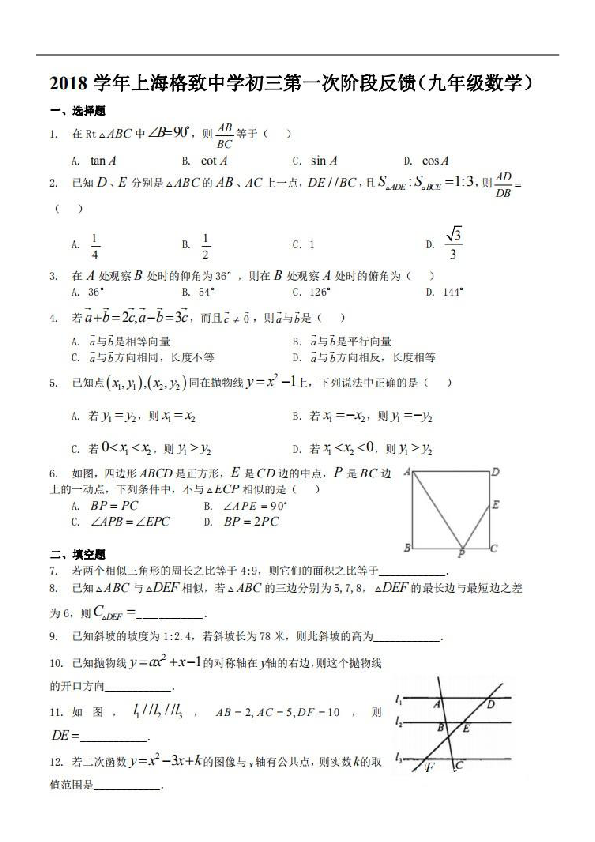 上海市格致中学2018-2019学年第一学期九年级第一次阶段反馈数学试卷（扫描版，无答案）