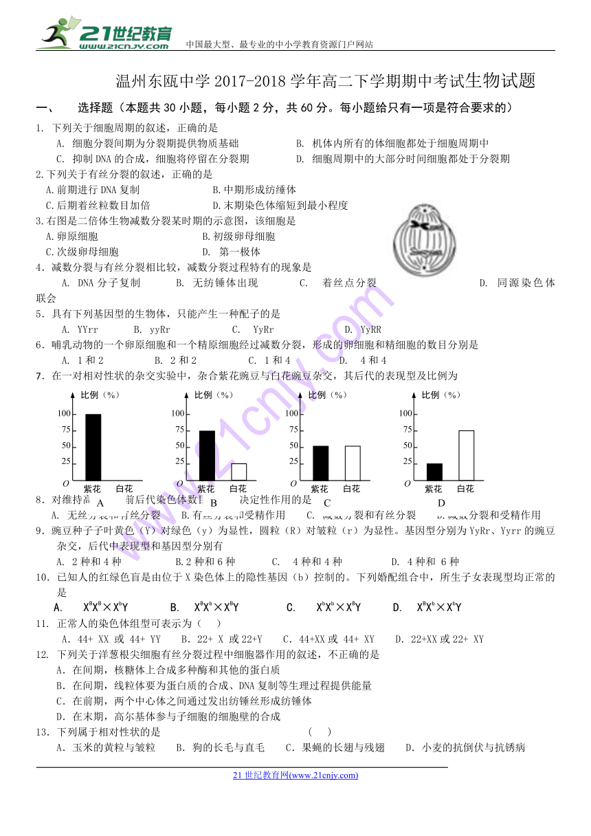 温州东瓯中学2017-2018学年高二下学期期中考试生物试题