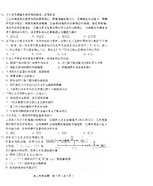 陕西省安康市2020届高三12月阶段性考试生物试题 PDF版