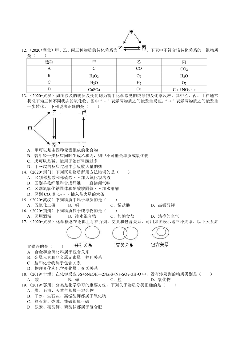 湖北省2019年、2020年化学近两年中考试题分类（1）——物质分类及其变化(含解析)