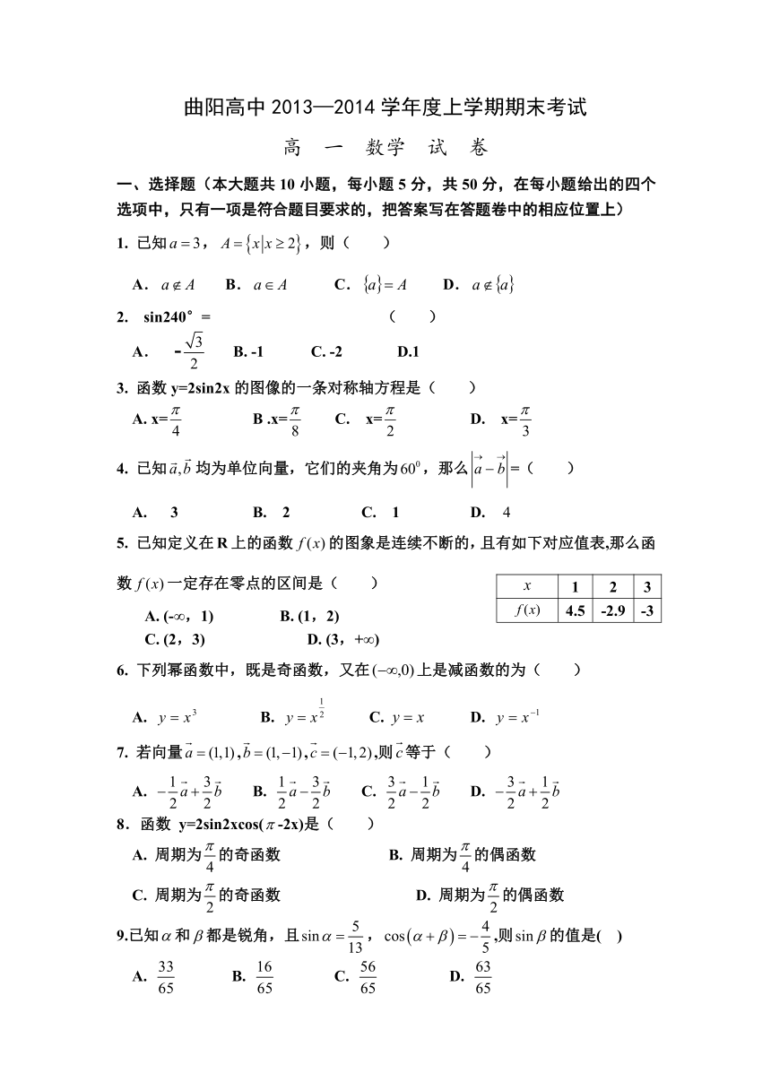 湖北省云梦县曲阳高中2013-2014学年高一上学期期末考试数学试题（无答案）