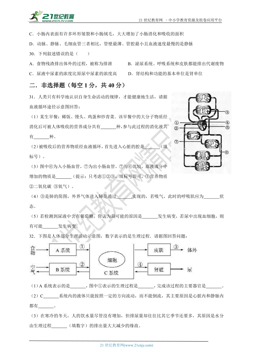 第五章   人体内废物的排出单元检测题（含答案）