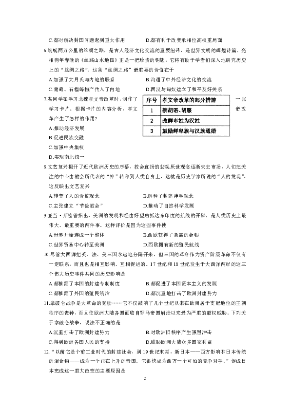 江苏省张家港市2018-2019学年九年级上学期初中阳光指标学业水平测试调研历史试卷（无答案）