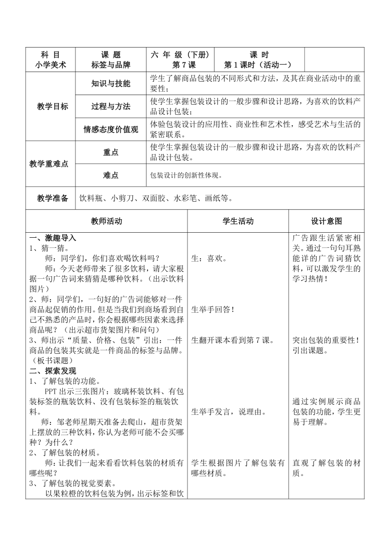 湘美版 六年级下册美术 7. 标签与品牌  教案（表格式）