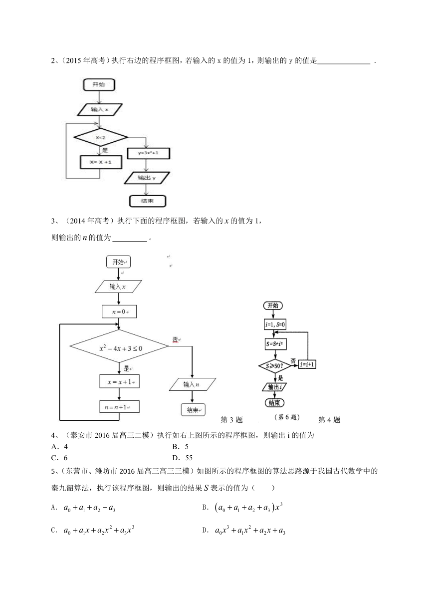 山东省2017届高三数学文一轮复习专题突破训练：复数与框图