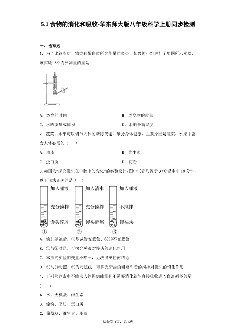 5.1食物的消化和吸收-华东师大版八年级科学上册同步检测