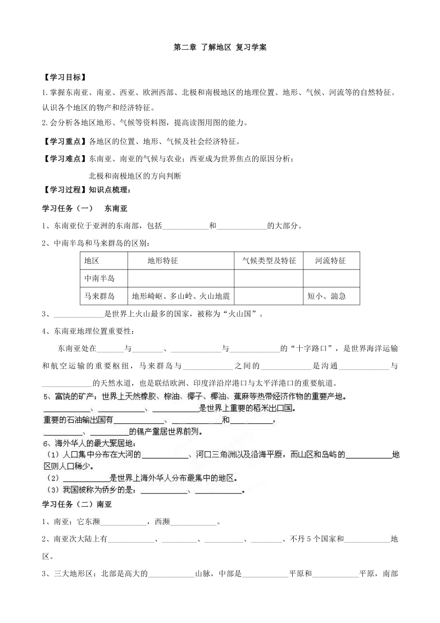 七年级地理下册《了解地区》复习学案（无答案）