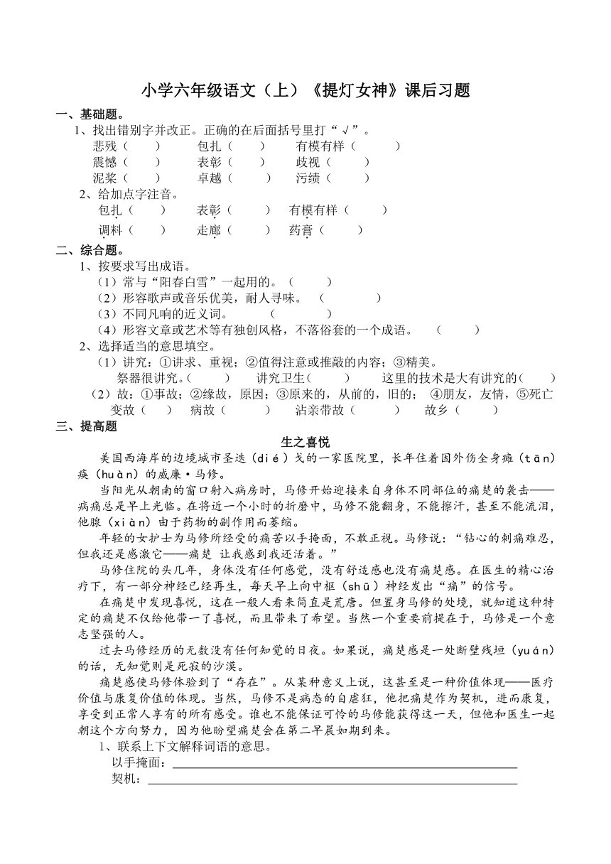 小学六年级语文（上）《提灯女神》课后习题（含答案）