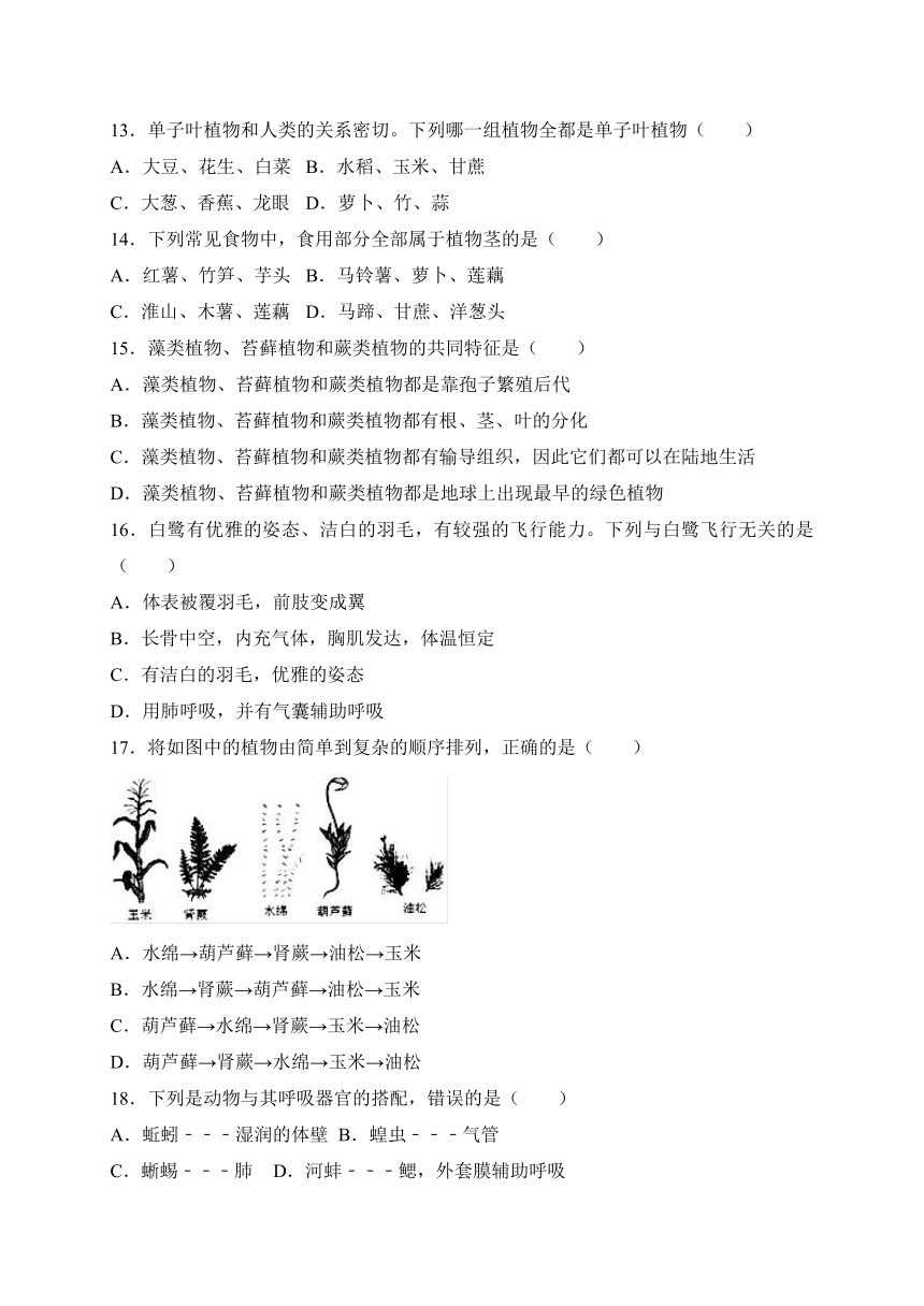 广西钦州市2017-2018学年七年级上学期期末考试生物试卷（WORD版）