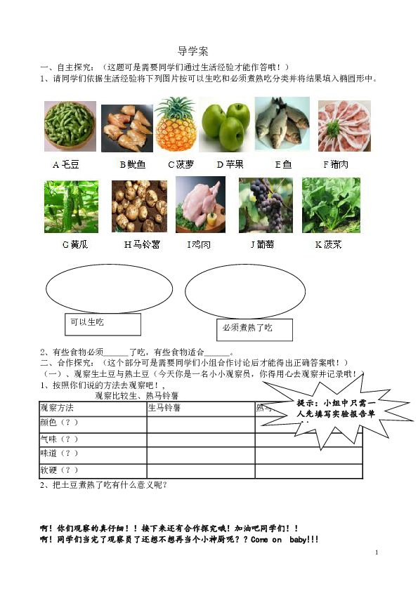 四年级下册科学导学案-3.4 生的食物和熟的食物 教科版