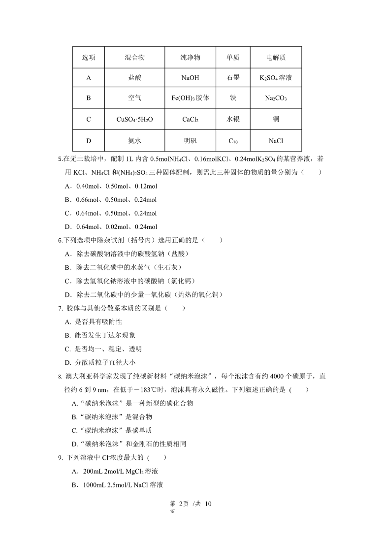 江苏省盐城市华东师范大学盐城实验中学2020年秋学期 高一年级第一次质量监控化学学科试题