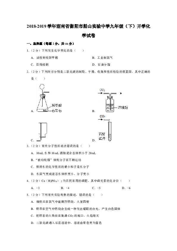 2018-2019学年湖南省衡阳市船山实验中学九年级（下）开学化学试卷(解析版）