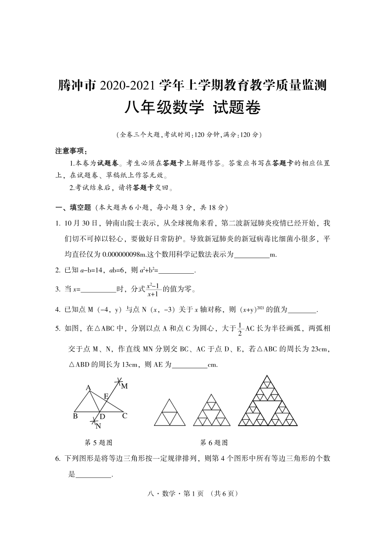 云南省腾冲市2020-2021学年八年级上学期期末教育教学质量监测数学试题（PDF可编辑版，无答案）