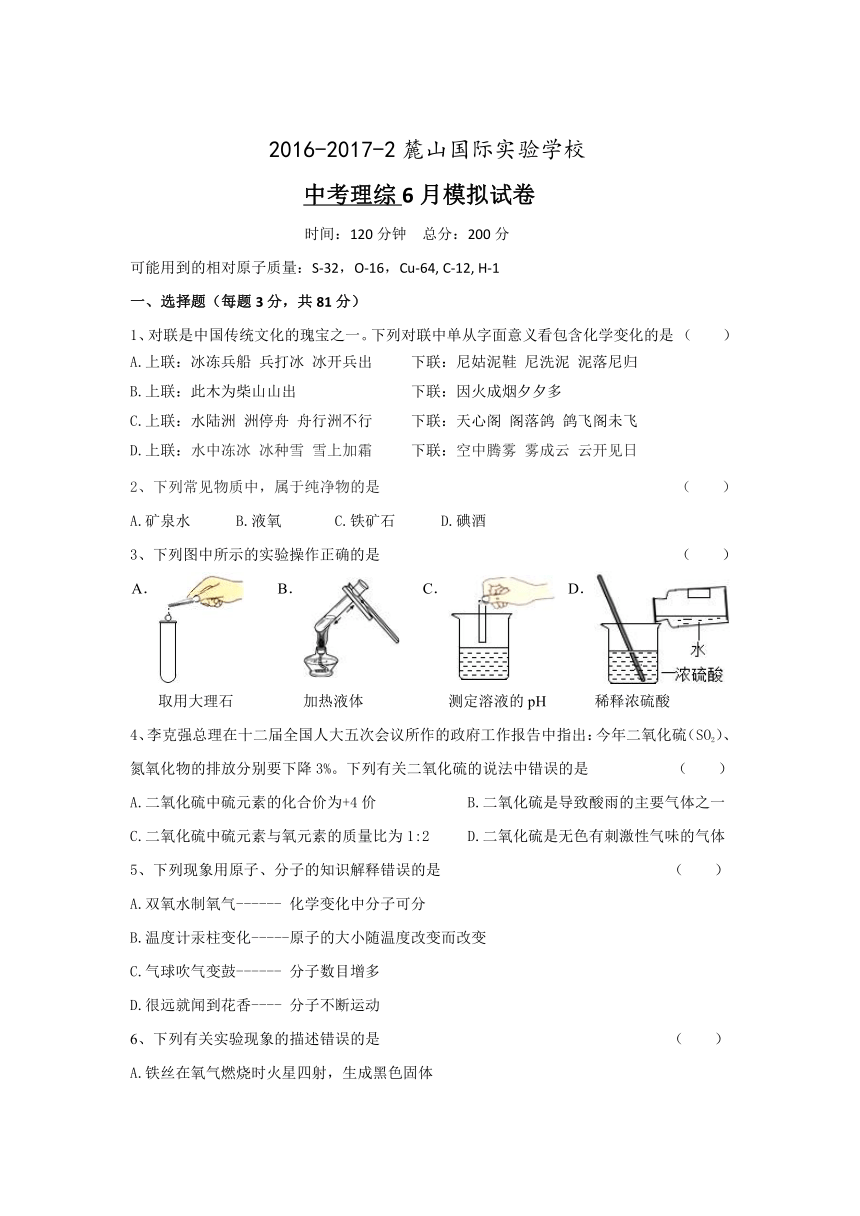 湖南省长沙市麓山国际实验学校2017届九年级6月模拟考试理科综合试卷