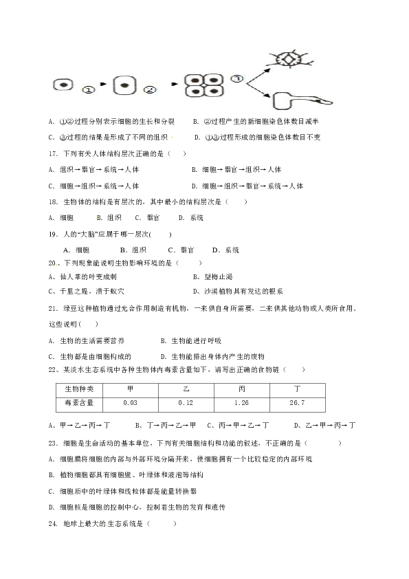 2019-2020学年七年级上学期期中考试生物试题