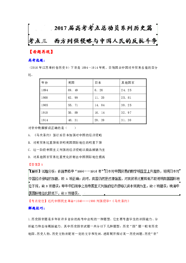专题03 西方列强侵略与中国人民的反抗斗争-2017年高考历史二轮核心考点总动员 Word版含解析