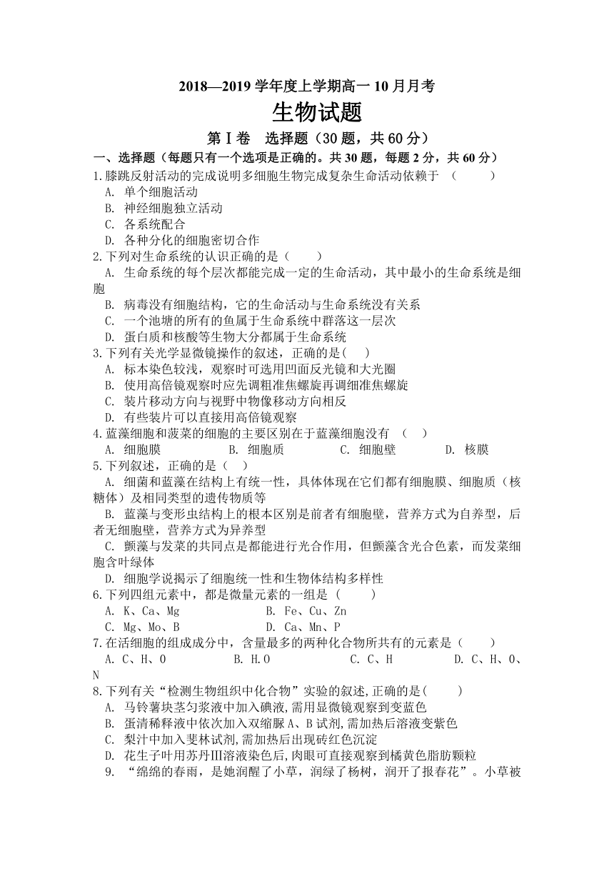 辽宁省瓦房店市高级中学2018-2019学年高一上学期10月月考生物试卷