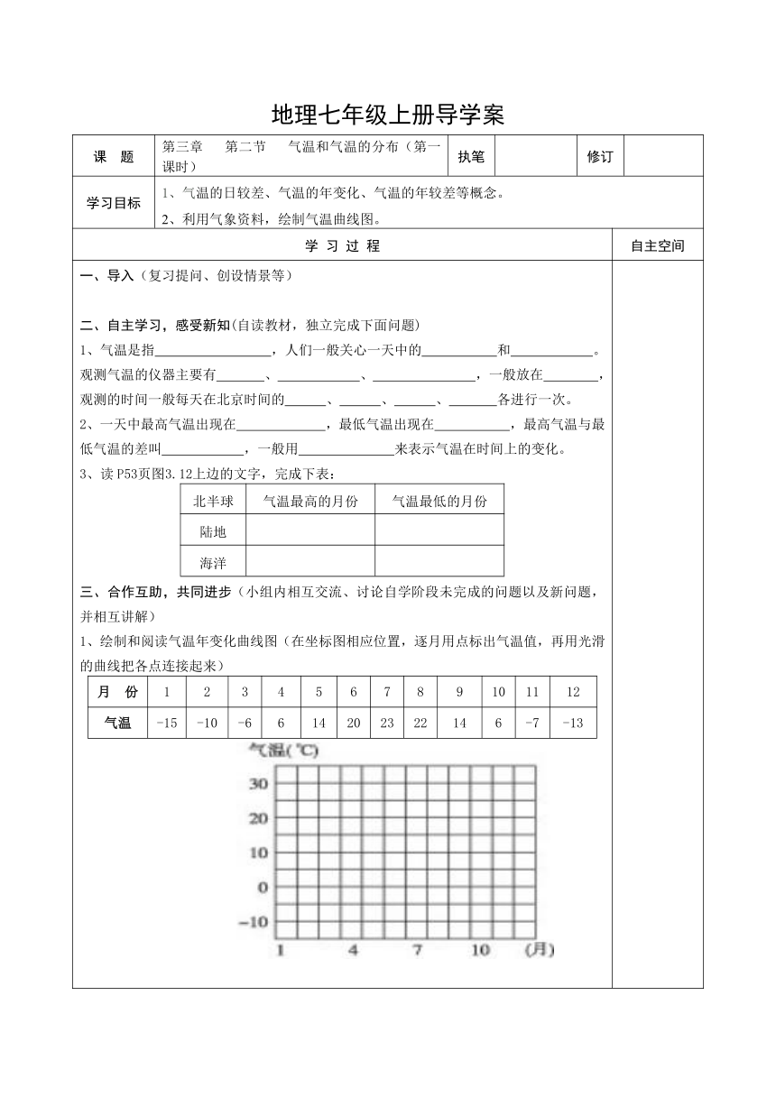 人教版（新课程标准）初中地理七年级上册第三章   第二节   气温和气温的分布（2课时）表格式导学案（无答案）