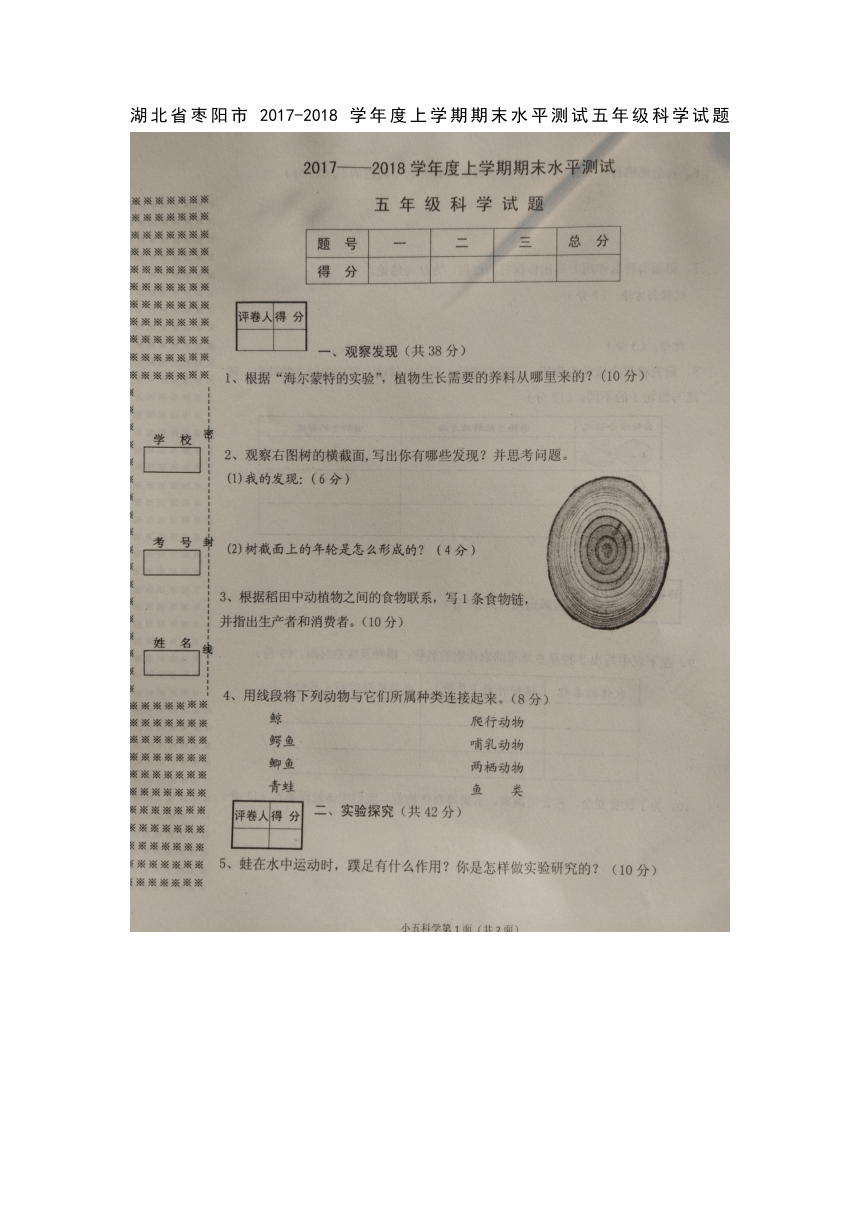 湖北省枣阳市2017-2018学年度上学期期末水平测试五年级科学试题（扫描版无答案）