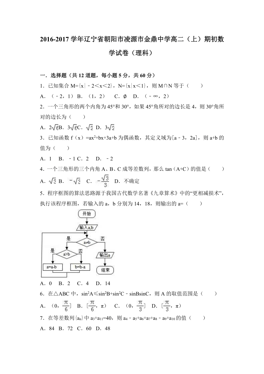 辽宁省朝阳市凌源市金鼎中学2016-2017学年高二（上）期初数学试卷（理科）（解析版）