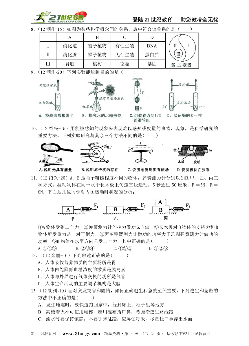 浙江省2012年初中毕业生学业考试科学分类汇编（六册综合）