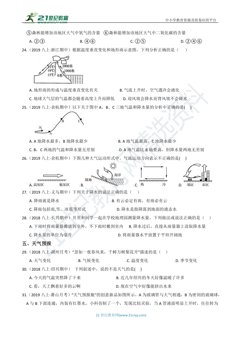 【章末题型分练】8年级上册 第2章 天气与气候 选择题