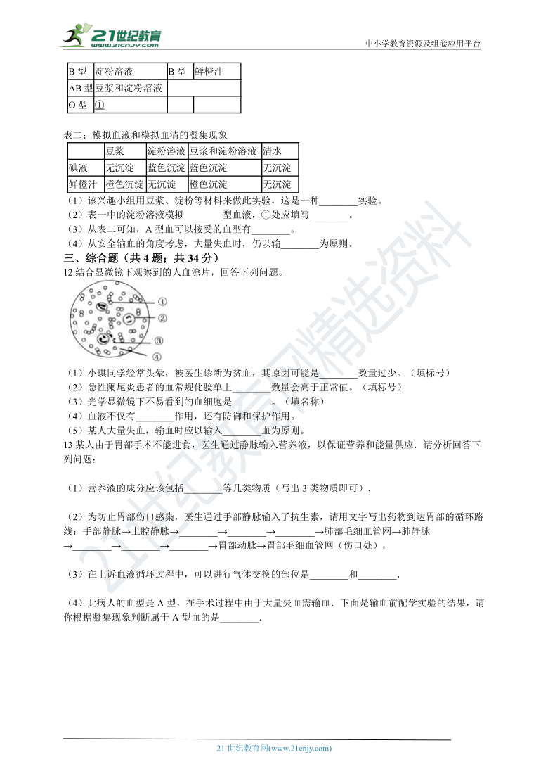 人教版2021初中生物七年级下册4.4.4输血与血型同步练习（含解析）