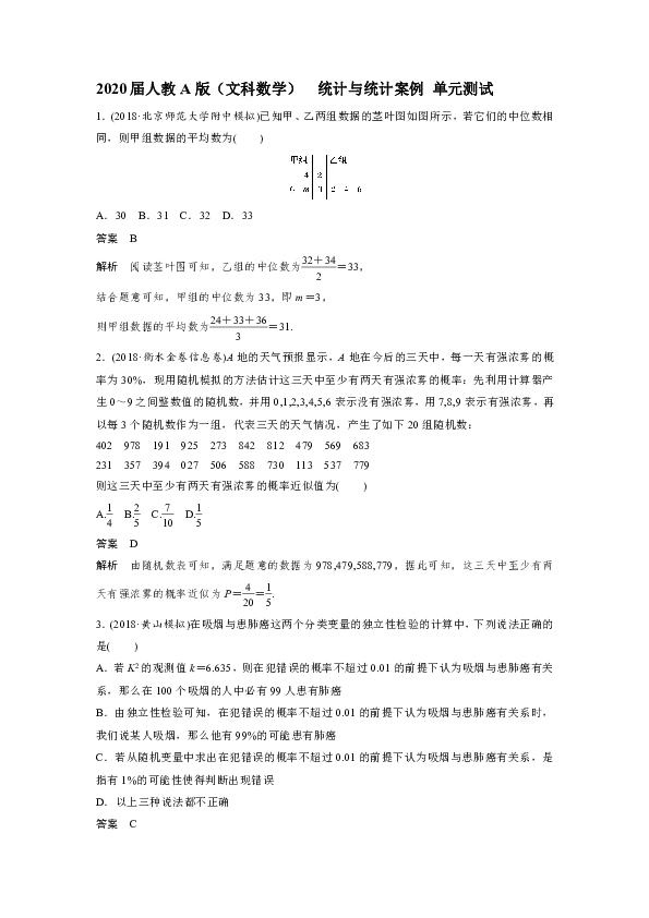 2020届人教A版（文科数学）   统计与统计案例  单元测试