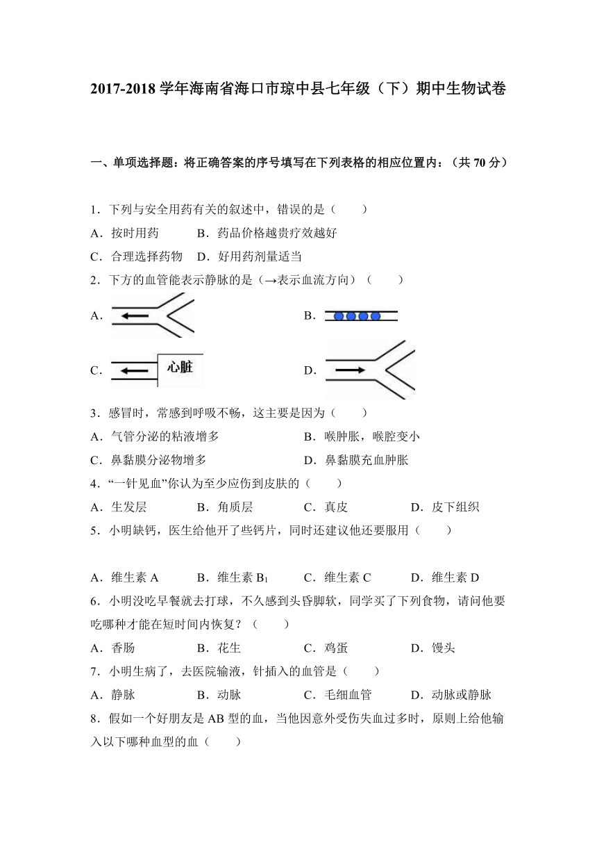 海南省海口市琼中县2017-2018学年七年级（下）期中生物试卷（解析版）