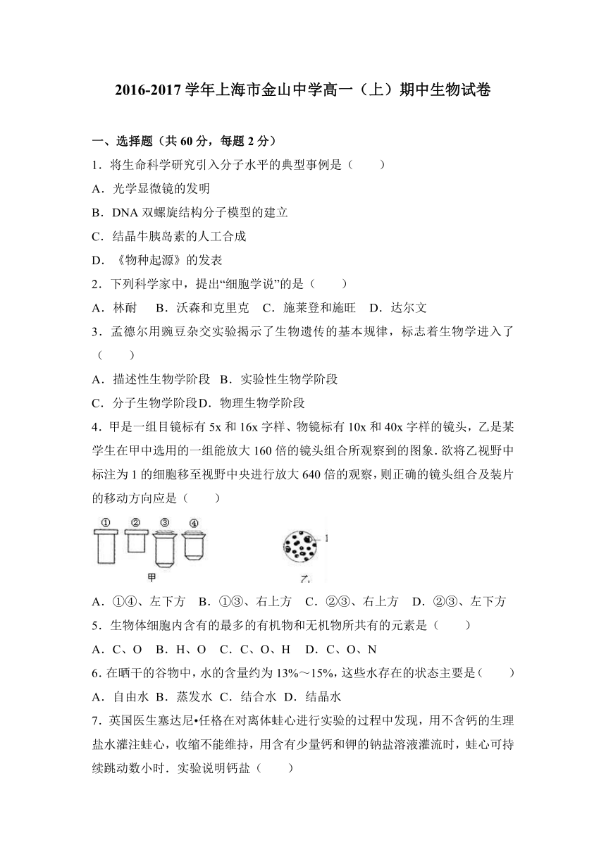 上海市金山中学2016-2017学年高一（上）期中生物试卷（解析版）