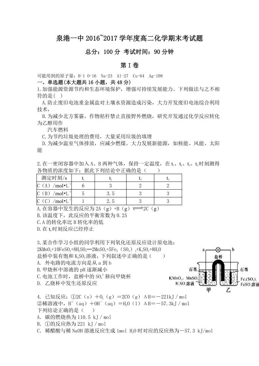 福建省泉港一中2016-2017学年高二上学期期末考化学试卷 Word版含答案