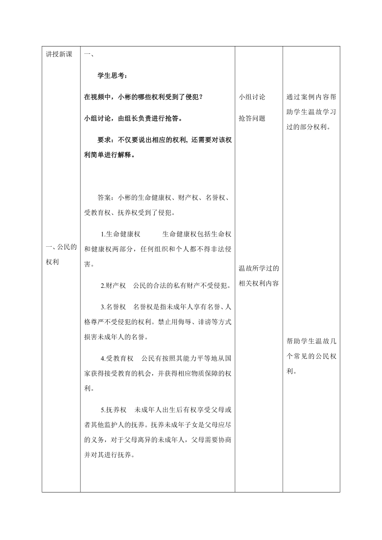 第二单元《公民权利与义务》（复习课）  表格式教学设计