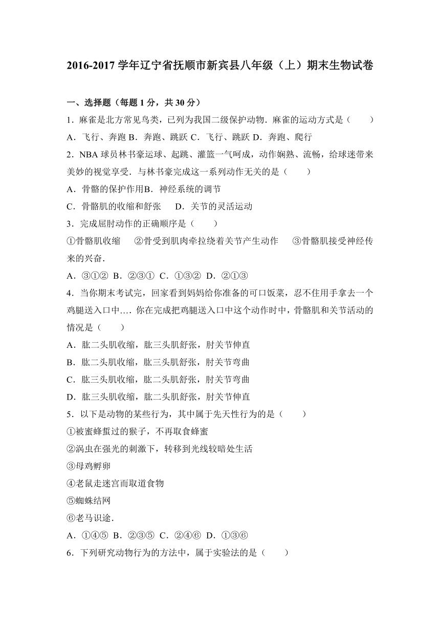 辽宁省抚顺市新宾县2016-2017学年八年级（上）期末生物试卷（解析版）