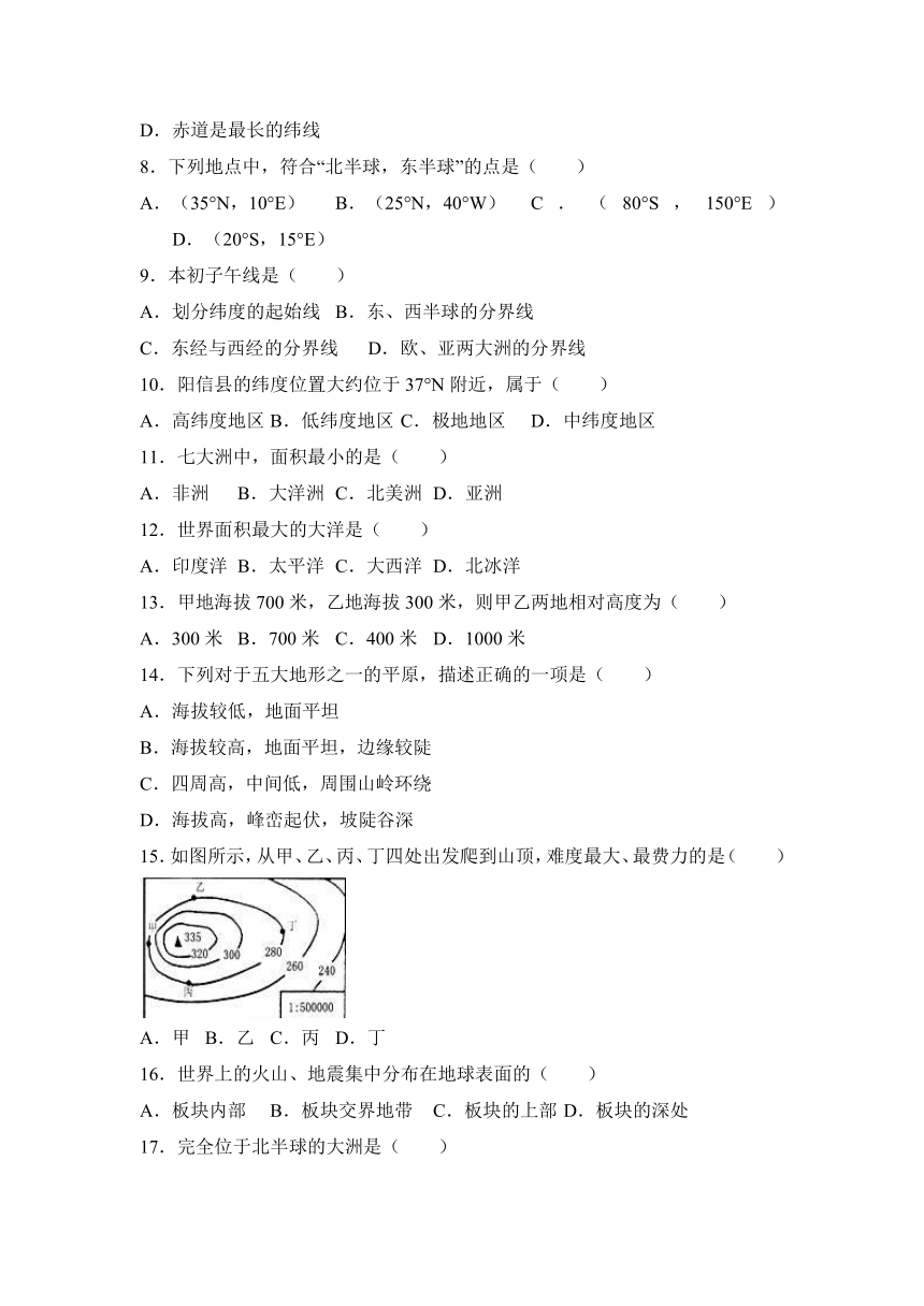 山东省滨州市阳信县2016-2017学年七年级（上）期中地理试卷（解析版）