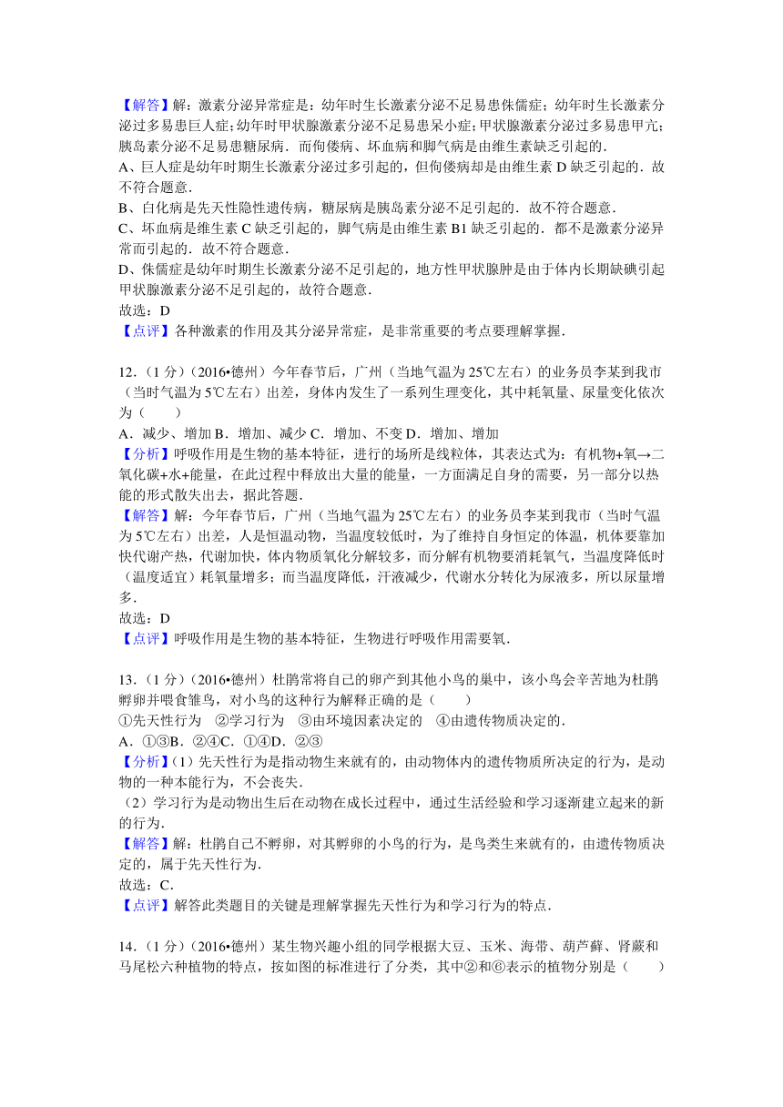 2016年山东省德州市中考生物试卷（解析版）