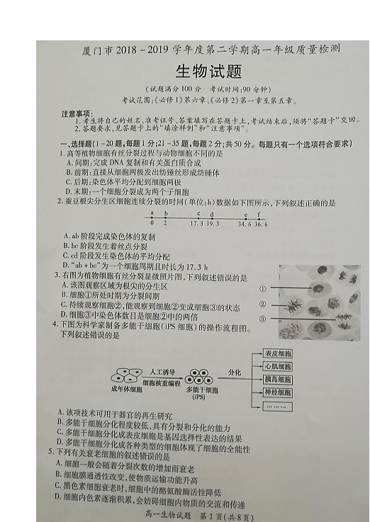 福建省厦门市2018-2019学年高一下学期期末质量检测生物试题 扫描版