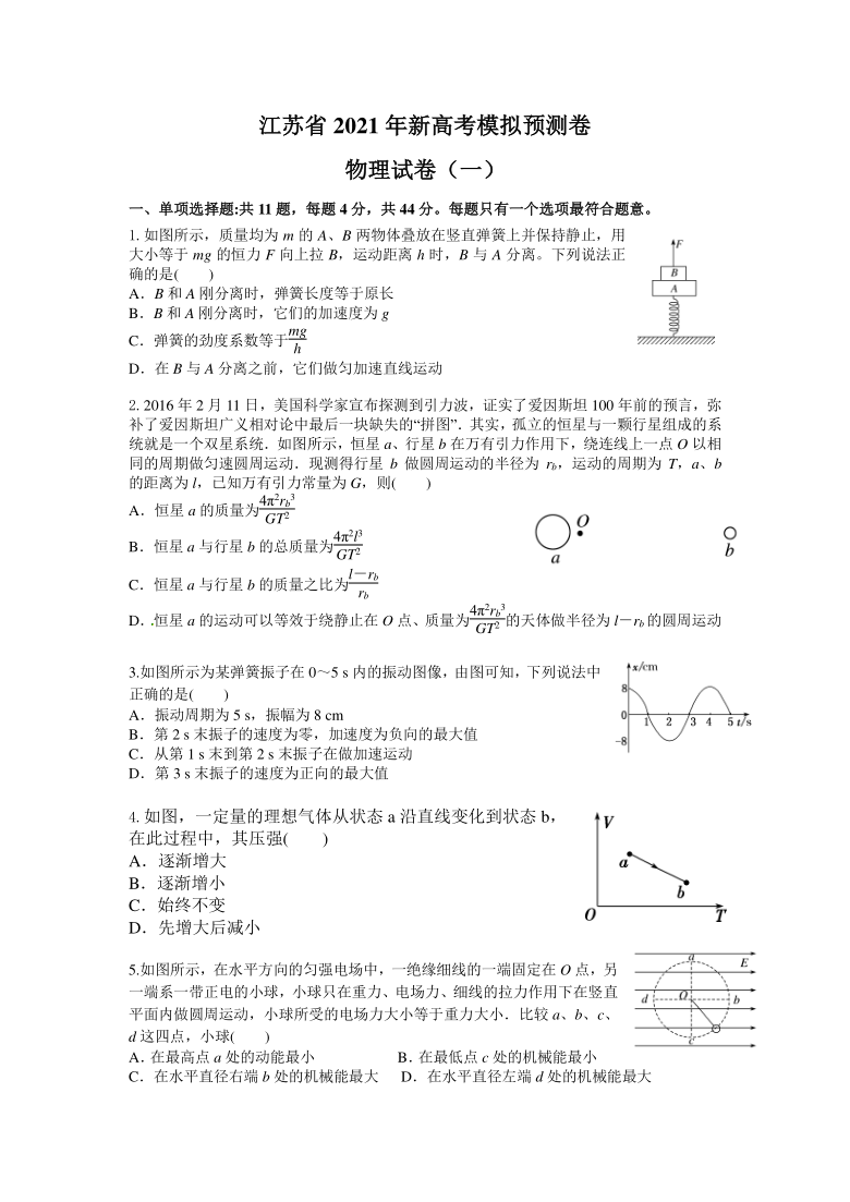 江苏省2021届高三下学期新高考模拟预测卷物理试卷（一） Word版含解析