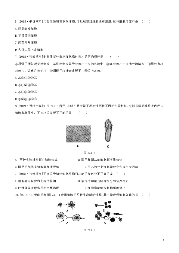 （北京专版）2020年中考生物复习专项训练（一）细胞、生物和生物圈（含解析）