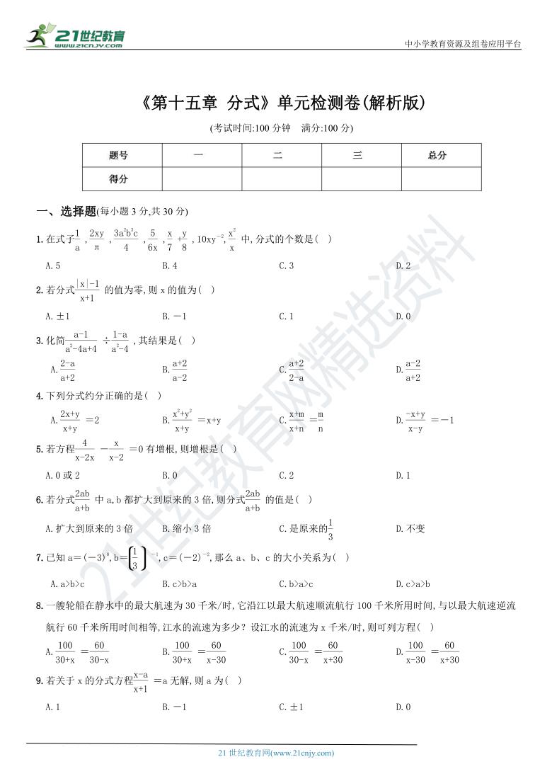 第十五章《分式》单元检测卷 2020-2021学年数学八年级上册综合复习及检测卷（含解析）