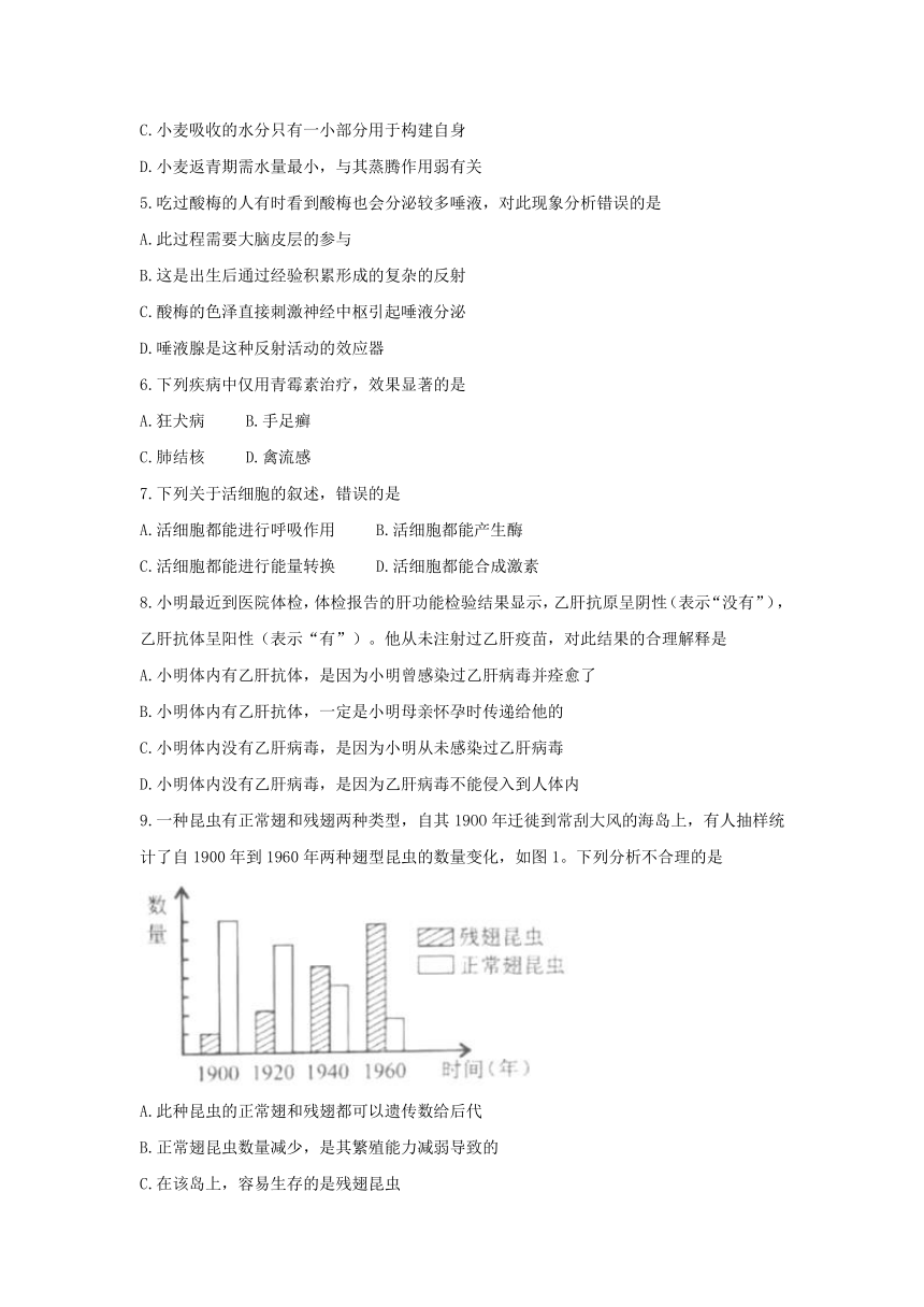 内蒙古包头市2018年中考生物试题（word版，无答案）