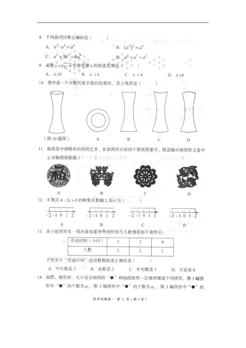 云南省昆明市十县区2018年初中学业水平模拟考试（二）数学试卷（扫描版）