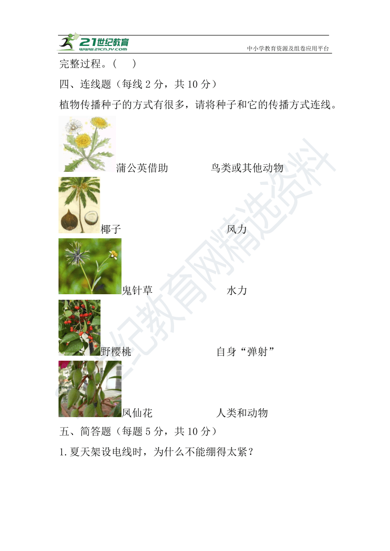 苏教版四年级科学下册期末总复习测试题(含答案)