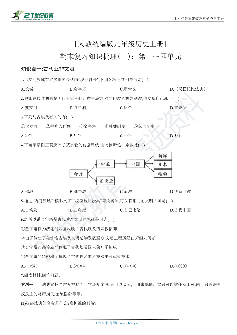 统编版九年级历史上册新概念测评卷 期末复习知识梳理（一）：第一～四单元（含解析）