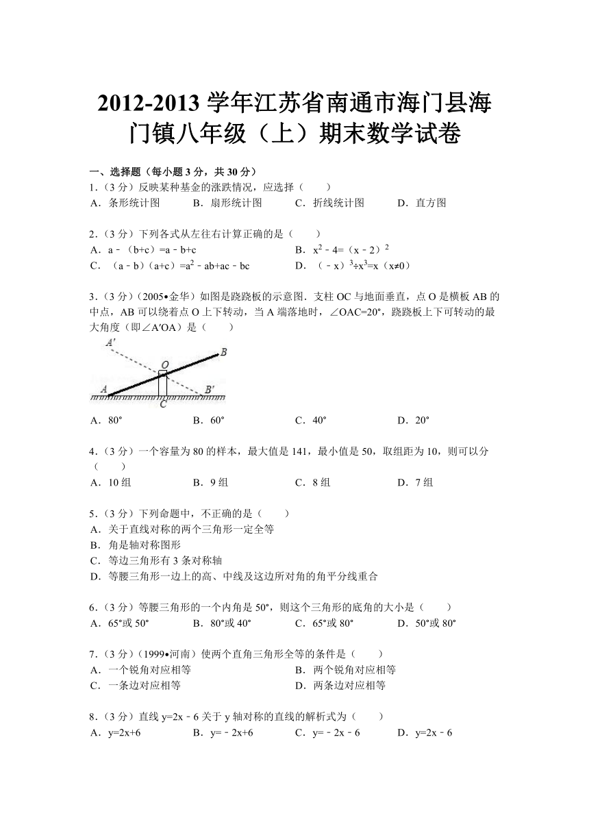 江苏省南通市海门县海门镇2012-2013学年八年级上学期期末考试数学试题（解析版答案）